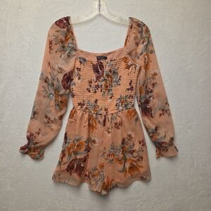 Abercrombie & Fitch Women Floral Long Sleeve Shorts Smocked Romper Sz S Orange